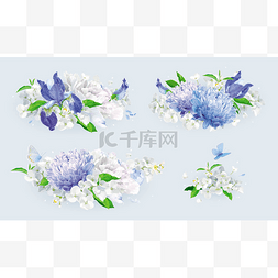 白色和蓝色夏天花花束集合