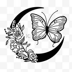 画的黑色线图片_美丽蝴蝶花卉月亮黑白剪影