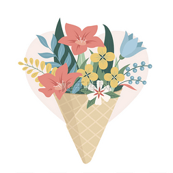 卡通心形花朵图片_心形背景图上的冰淇淋筒中的花束