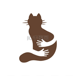 Silhouette icon of cat and hands hug. Human a