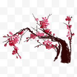 水彩漂亮的红色花图片_水墨风格新年梅花树