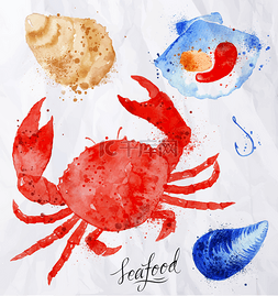 卡通海鲜素描图片_海鲜水彩蟹、 文蛤、 贻贝、 牡蛎