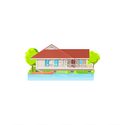 房屋出租展架图片_水上房屋的正面与独木舟隔离的房