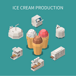 三杯冰淇淋图片_冰淇淋生产等距背景三个华夫饼蛋