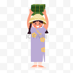 穿着紫色传统服装举着方棕的越南