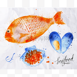 海鲜制作图片_海鲜水彩鱼、 红鱼子酱、 贻贝