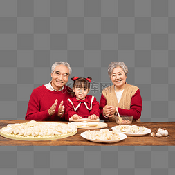 除夕传统节日图片_除夕爷爷奶奶和孙女一起包饺子