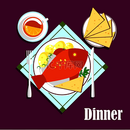 面包和鱼图片_海鲜晚餐，盘中有炸鱼、煮土豆和