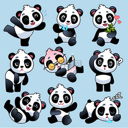 亚洲卡通卡通图片_熊猫可爱的亚洲熊摆出不同的姿势