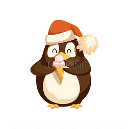 极地企鹅图片_可爱的北极企鹅戴着圣诞老人的帽