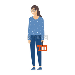 超市购物篮图片_女人拿着一个空的购物篮。