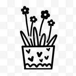 创意黑白单色涂鸦方形花盆花朵