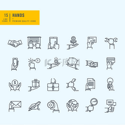 购物电子卡图片_Thin line icons set. Icons of hand using devi