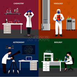 显微镜矢量图片_四位科学家的概念集与化学病毒学