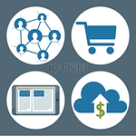 信息图形背景电子商务商业概念集图标移动营销应用程序和网上购物社交网络和通信云存储购物篮平面标签信息图形背景电子商务业务概念集图标