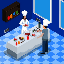 插图商业图片_餐厅厨房设施内部等距构图女厨师