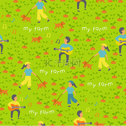 矢量绿草图片_无缝模式: 男孩和女孩在绿草背景