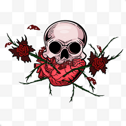 卡通风格红色头骨心脏和玫瑰