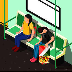 休息中的女孩图片_在地铁车厢矢量图中睡眠障碍等轴