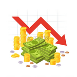 金钱损失红色向下箭头股票与现金堆积图金融危机投资费用经济萧条导致企业破产金钱损失红色向下箭头股票与现金堆积图金融危机投资费用经济