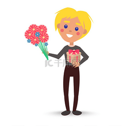 带花朵的背景图片_微笑的孩子带着礼品盒和一束鲜花