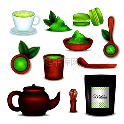 茶与健康知识图片_日本抹茶绿色粉末现实主义图标与