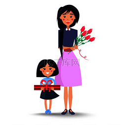 优雅的妈妈拿着红色的花，女儿带