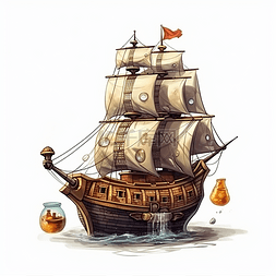 海盗船宝箱图片_墨水插图海盗船海报