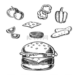 黄瓜甜椒图片_芝士汉堡草图，配有烤肉饼、奶酪