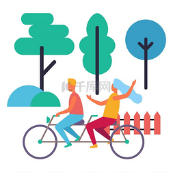骑自行车女图片_双人自行车上的男孩和女孩孤立的