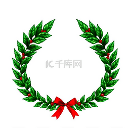 圣诞绿色花环装饰着红丝带蝴蝶结
