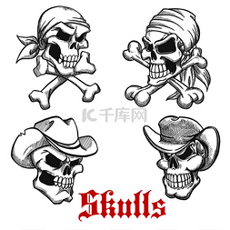 骷髅和交叉骨图片_勾勒出头戴头巾的海盗船长和水手
