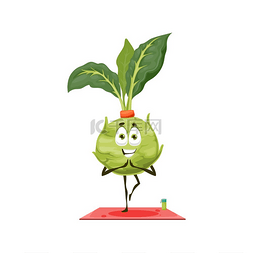 人物运动标志图片_卡通卷心菜萝卜在垫子上伸展孤立