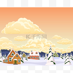 村庄与树木矢量冬天景色