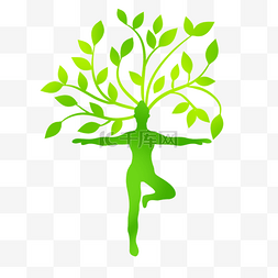 碧绿色树叶瑜伽人物和树