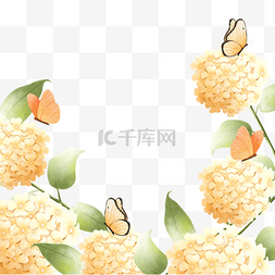 边框黄色背景图片_绣球花卉水彩飞舞的蝴蝶边框