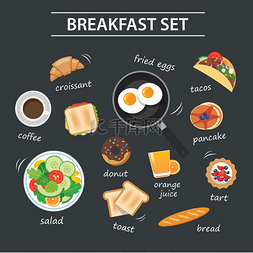 水果沙拉卡通手绘图片_set of breakfast menu on chalkboard
