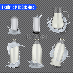 牛奶透明素材图片_牛奶溅出透明的水壶瓶和烧杯，由