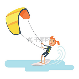 滑雪插图图片_女子参加西班牙风筝冲浪节一名女