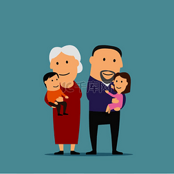 幸福的卡通祖母和祖父手牵着孙子