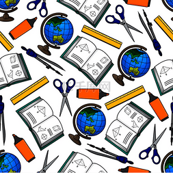 小学学校卡通图片_回到学校用品的无缝背景与地球仪