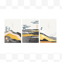 手绘景观图片_日本背景与金箔纹理矢量.东方风
