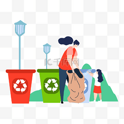 绿色地球垃圾桶图片_志愿者垃圾清理概念插画