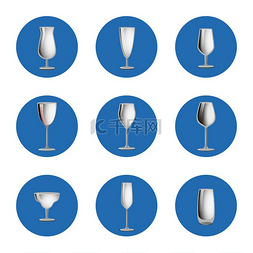 白色葡萄酒杯图片_一组圆圈图标中的空眼镜，用于鸡
