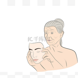 一位老妇人穿着一张年轻脸蛋的面