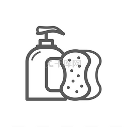 洗碗液瓶和洗碗海绵矢量细线图标