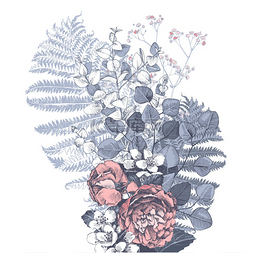 茉莉花手绘图片_用玫瑰、蕨类、桉树、茉莉花和吉