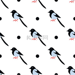 动物黑白图案设计图片_卡通喜鹊无缝图案带圆点黑白相间