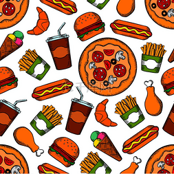 海报披萨的背景图片_快餐无缝草图背景带有矢量图案的