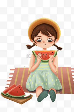 夏天小暑女孩吃西瓜